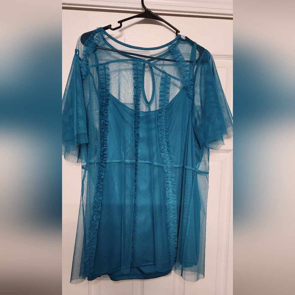 Teal Sheer Ruffled Blouse